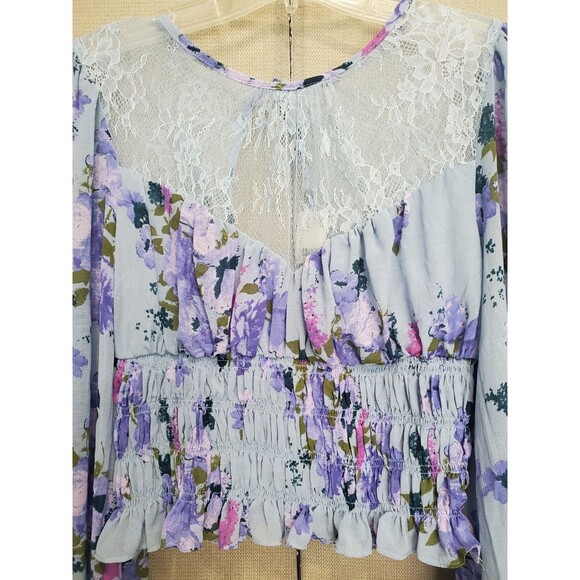 FREE PEOPLE DAPHNE Lace Smocked Cropped Long Sleeve Babydoll Top Blue Small NWT - Picture 3 of 9